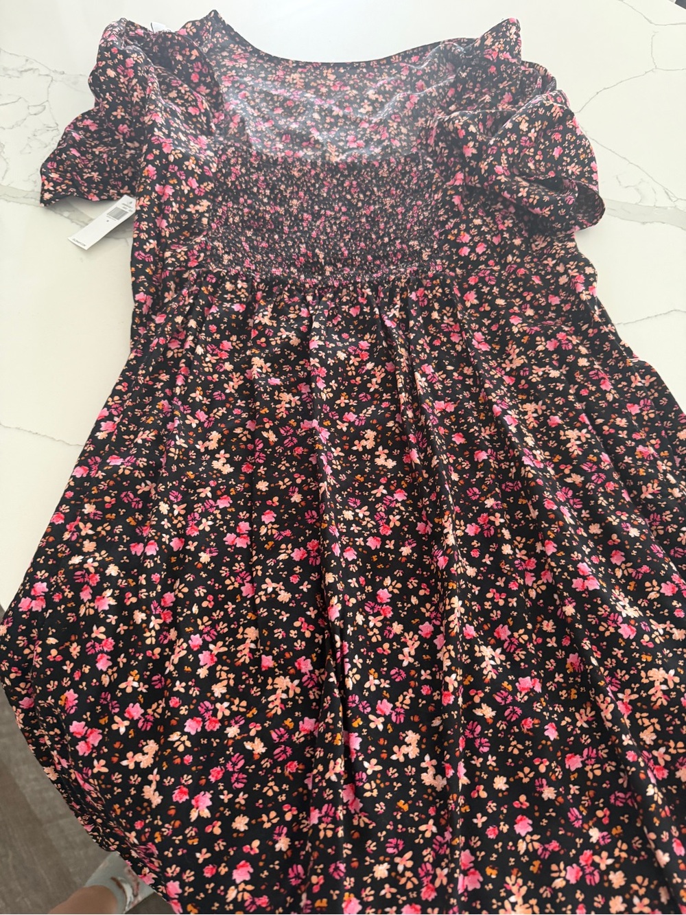 Old Navy Black Floral Smocked Casual Dress with Pink & Peach Flowers